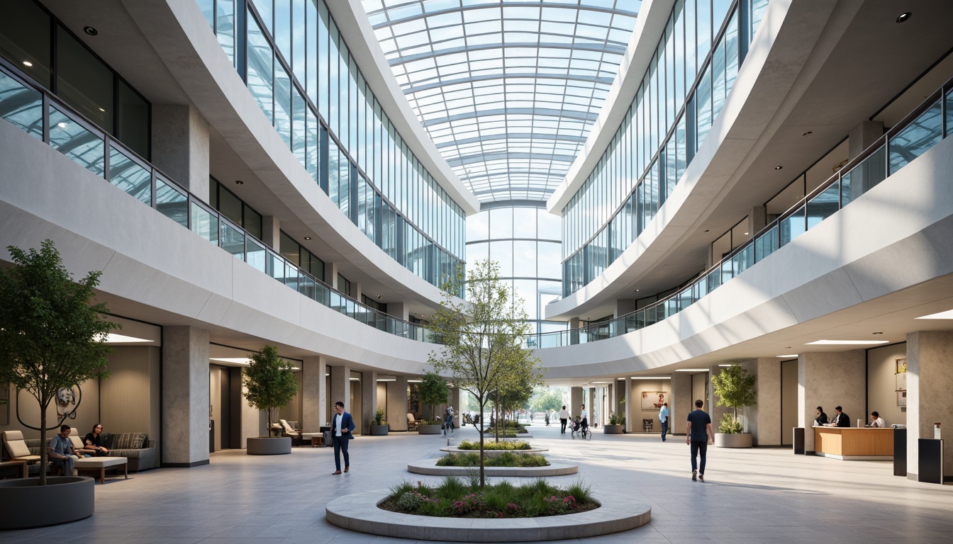 Prompt: Modern hospital building, curved lines, minimalist design, large glass facades, steel frames, cantilevered roofs, open floor plans, natural light infusion, polished concrete floors, sleek metal handrails, subtle color schemes, calming ambiance, soft diffused lighting, shallow depth of field, 3/4 composition, panoramic view, realistic textures, ambient occlusion, medical equipment integration, efficient circulation paths, nurse stations, patient rooms, waiting areas, reception desks, comfortable seating, indoor plants, subtle patterned carpets.