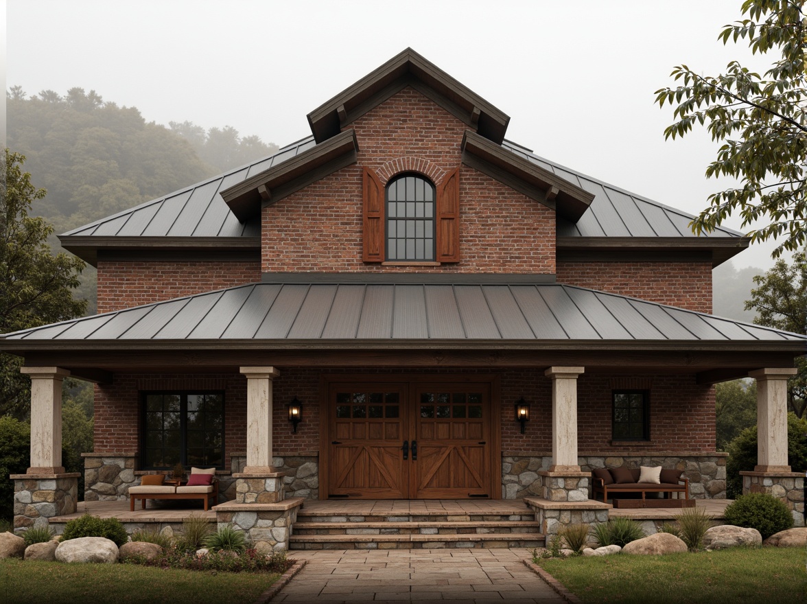 Prompt: Rustic barn facade, neoclassical columns, ornate wooden doors, vintage metal roofing, distressed stone walls, earthy color palette, natural surroundings, rolling hills, misty morning, soft warm lighting, shallow depth of field, 3/4 composition, symmetrical architecture, grand entrance, classical pediment, intricate carvings, ornamental cornices, rustic wooden accents, aged brick textures, realistic weathering effects.