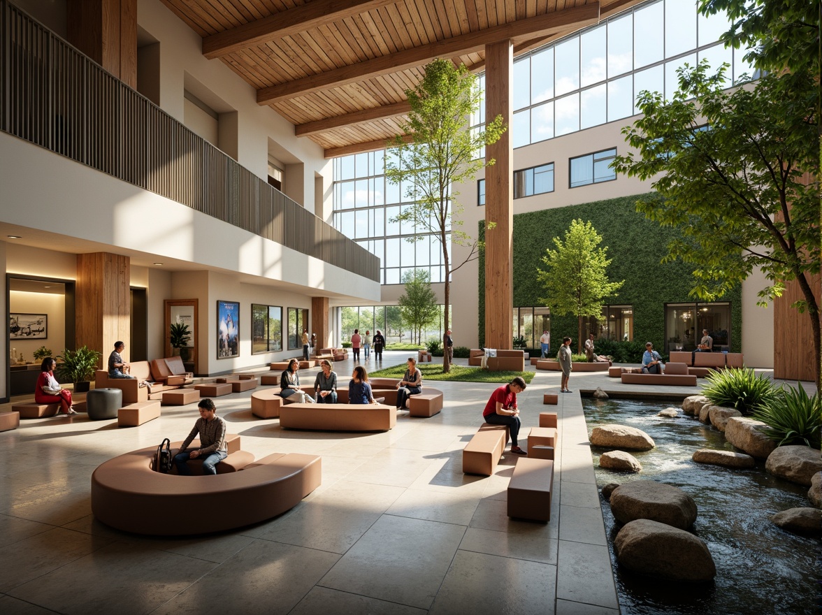 Prompt: Inviting visitor center interior, natural light pouring in, comfortable seating areas, interactive exhibits, educational displays, warm wood accents, sleek metal railings, open floor plans, flowing water features, lush green walls, modern minimalistic design, ambient soft lighting, shallow depth of field, 3/4 composition, panoramic view, realistic textures, ambient occlusion.