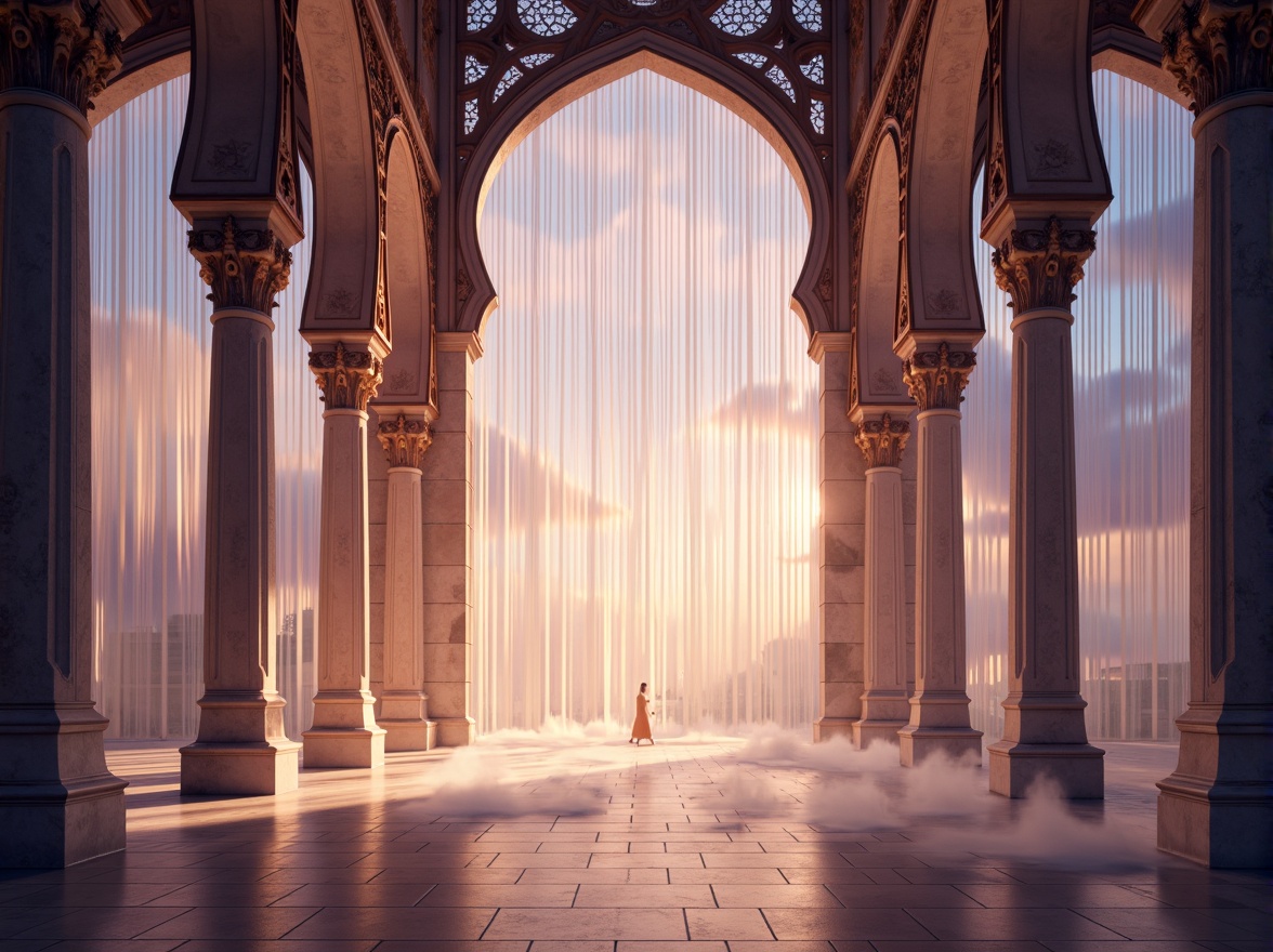 Prompt: Ethereal gateway, iridescent arches, shimmering curtains, luminous mist, soft warm lighting, delicate filigree, intricate latticework, diaphanous fabrics, crystal-like structures, prismatic refractions, kaleidoscope colors, subtle gradient effects, gentle shadowplay, 1/1 composition, shallow depth of field, realistic textures, ambient occlusion.