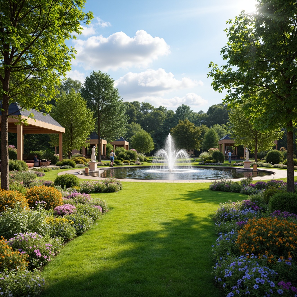 Prompt: Lush green lawn, blooming flowers, vibrant shrubs, meandering pathways, ornate fountains, decorative statues, natural stone walls, wooden gazebos, tranquil ponds, rippling water features, sunny day, soft warm lighting, shallow depth of field, 3/4 composition, panoramic view, realistic textures, ambient occlusion.