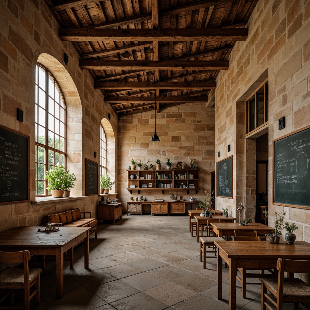 Prompt: Rustic Romanesque school building, weathered stone fa\u00e7ade, arched windows, ornate doorways, grand entrance halls, high ceilings, wooden beams, terracotta roof tiles, earthy color palette, natural textures, ambient lighting, warm color tones, cozy atmosphere, vintage furniture, distressed wood accents, classic chalkboards, traditional classroom layout, 1/1 composition, soft focus, warm color grading.