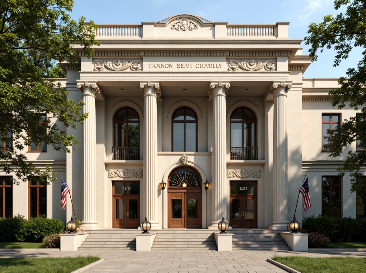 Prompt: Grand courthouse entrance, Doric columns, ornate stone carvings, symmetrical facade, classical pediments, rusticated base, granite walls, tall arched windows, bronze doors, intricate metalwork, lanterns, American flags, manicured lawns, mature trees, sunny afternoon, soft warm lighting, shallow depth of field, 1/2 composition, realistic textures, ambient occlusion.