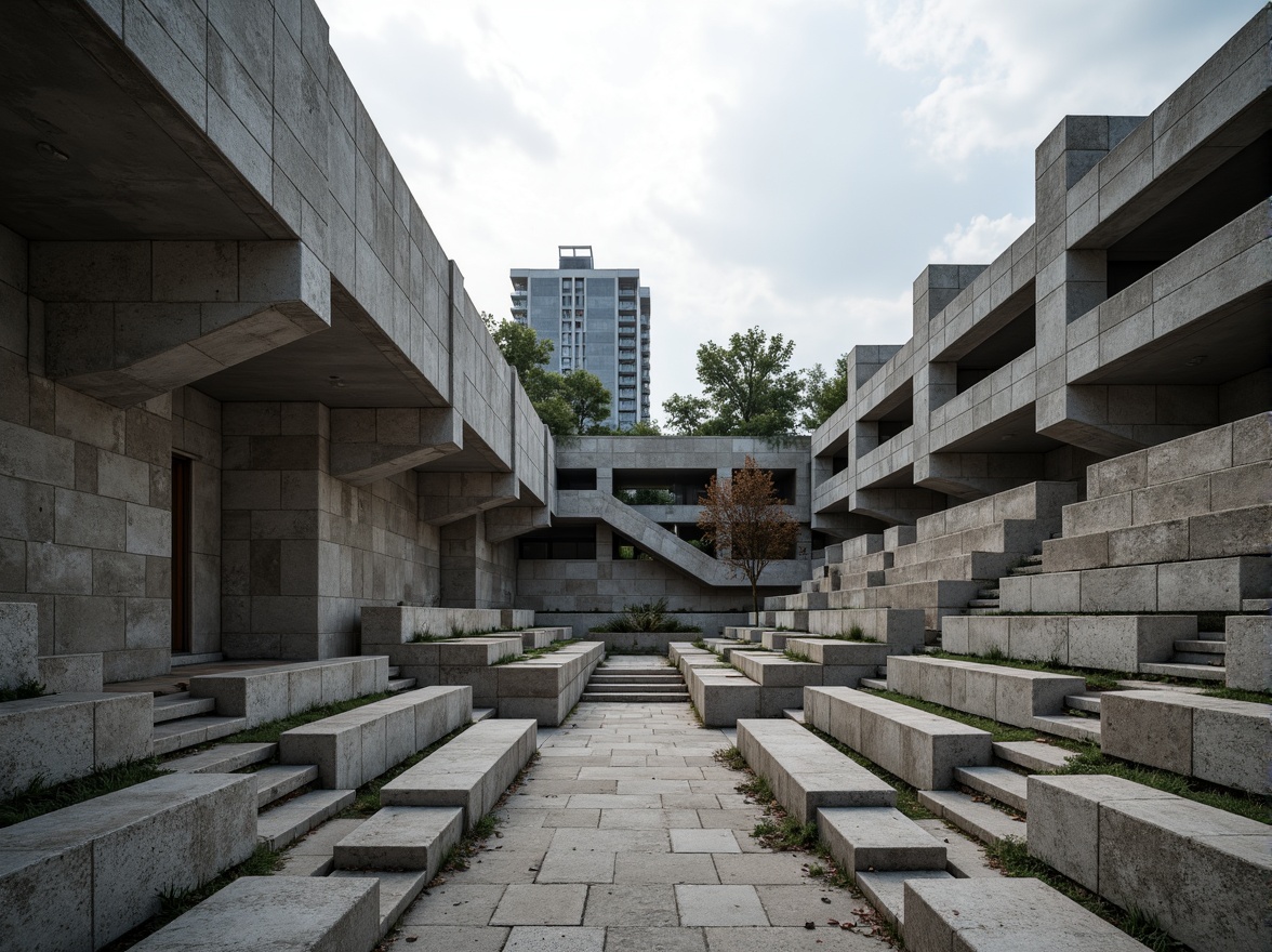 Prompt: Rugged stone amphitheater, brutalist architecture, exposed concrete structures, angular shapes, fortress-like walls, monumental staircases, cantilevered seating areas, raw unfinished textures, dramatic lighting effects, high-contrast shadows, abstract geometric patterns, industrial materials, functional minimalism, urban landscape, overcast sky, moody atmospheric conditions, cinematic composition, low-angle shots, symmetrical framing, rich detailed renderings.