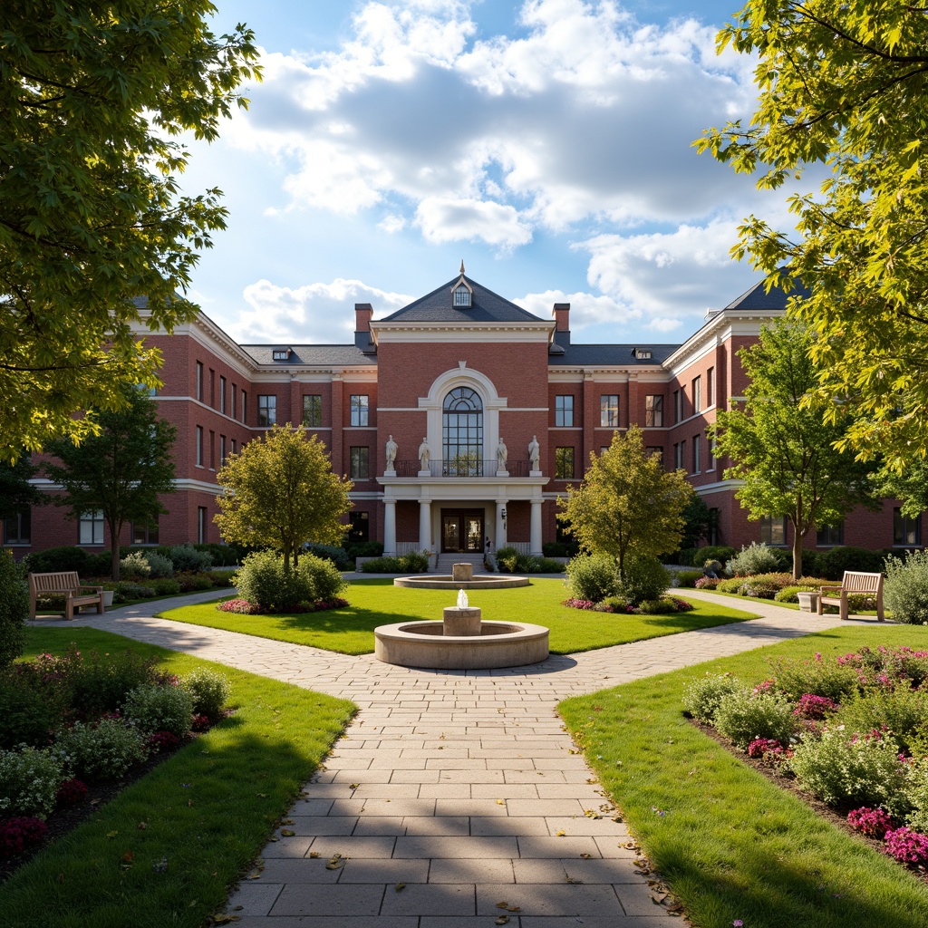 Prompt: Quintessential Romanesque school buildings, lush green lawns, vibrant flowerbeds, meandering stone pathways, ornate fountains, majestic trees, rustic benches, classical statues, intricate brickwork, arched windows, grand entranceways, sunny afternoon, warm golden lighting, shallow depth of field, 1/1 composition, symmetrical framing, realistic textures, ambient occlusion.