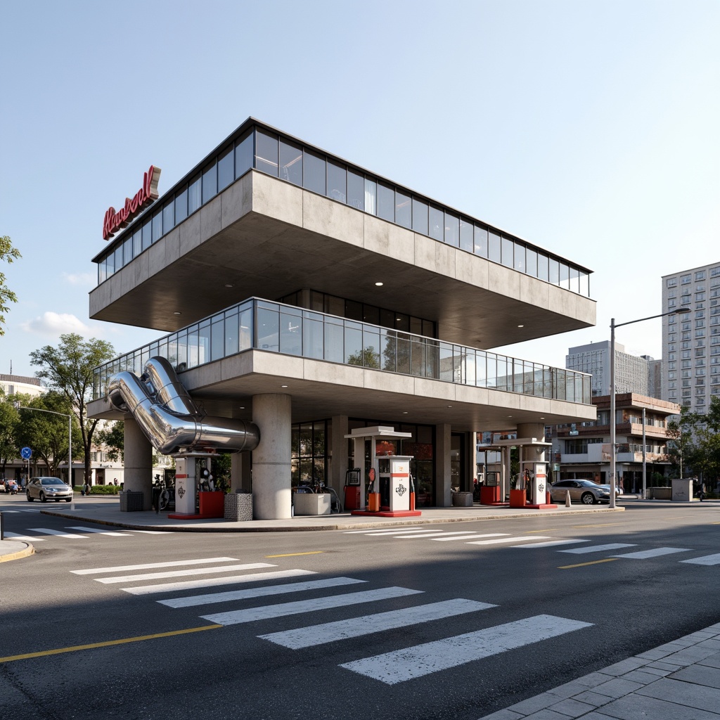 Prompt: Bauhaus-style gas station, industrial aesthetic, functional design, steel framework, concrete foundations, glass brick walls, cantilevered roofs, geometric shapes, minimalist ornamentation, chrome pipes, polished metal accents, bold color schemes, rectangular forms, clean lines, urban landscape, city streets, morning sunlight, soft shadows, 1/1 composition, realistic textures, ambient occlusion.