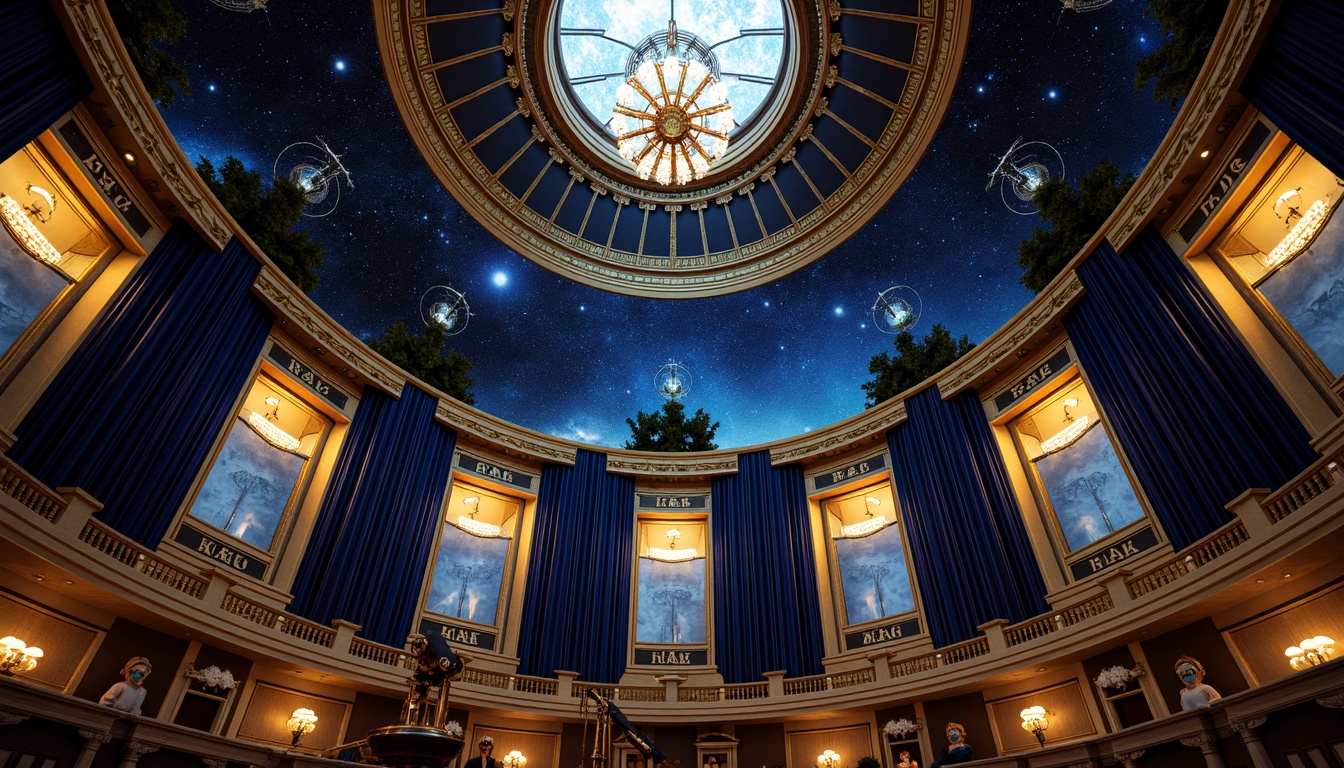 Prompt: Luxurious planetarium interior, opulent golden accents, rich navy blues, celestial starry night sky, velvet drapes, intricate geometric patterns, metallic chrome details, ornate moldings, lavish chandeliers, grandiose domed ceiling, 3/4 composition, warm softbox lighting, shallow depth of field, realistic textures, ambient occlusion, futuristic astronomy equipment, sleek bronze telescopes, high-tech digital displays.