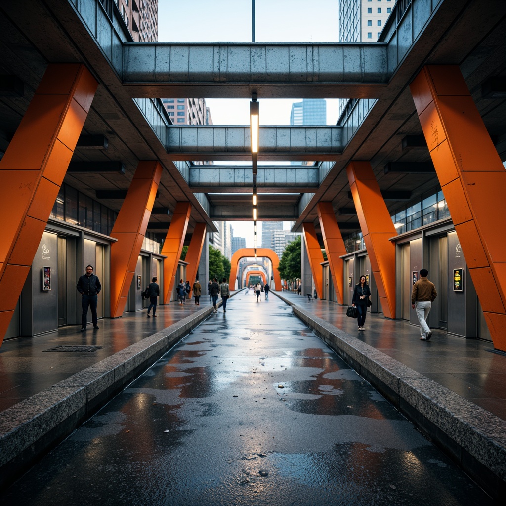 Prompt: Urban metro station, constructivist architecture, geometric shapes, metallic materials, industrial textures, bold colors, angular lines, futuristic vibe, cityscape background, morning commute, soft natural light, shallow depth of field, 1/2 composition, symmetrical framing, realistic reflections, ambient occlusion.