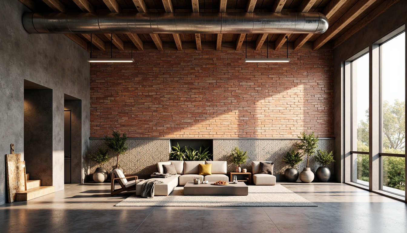 Prompt: Brick fa\u00e7ade, textured stone walls, modern masonry techniques, geometric patterned tiles, vibrant colored grout, industrial chic aesthetic, urban loft atmosphere, exposed ductwork, polished concrete floors, minimalist d\u00e9cor, sleek metal accents, large windows, natural light, airy open spaces, 3/4 composition, shallow depth of field, realistic textures, ambient occlusion, dramatic shadows, warm golden lighting.