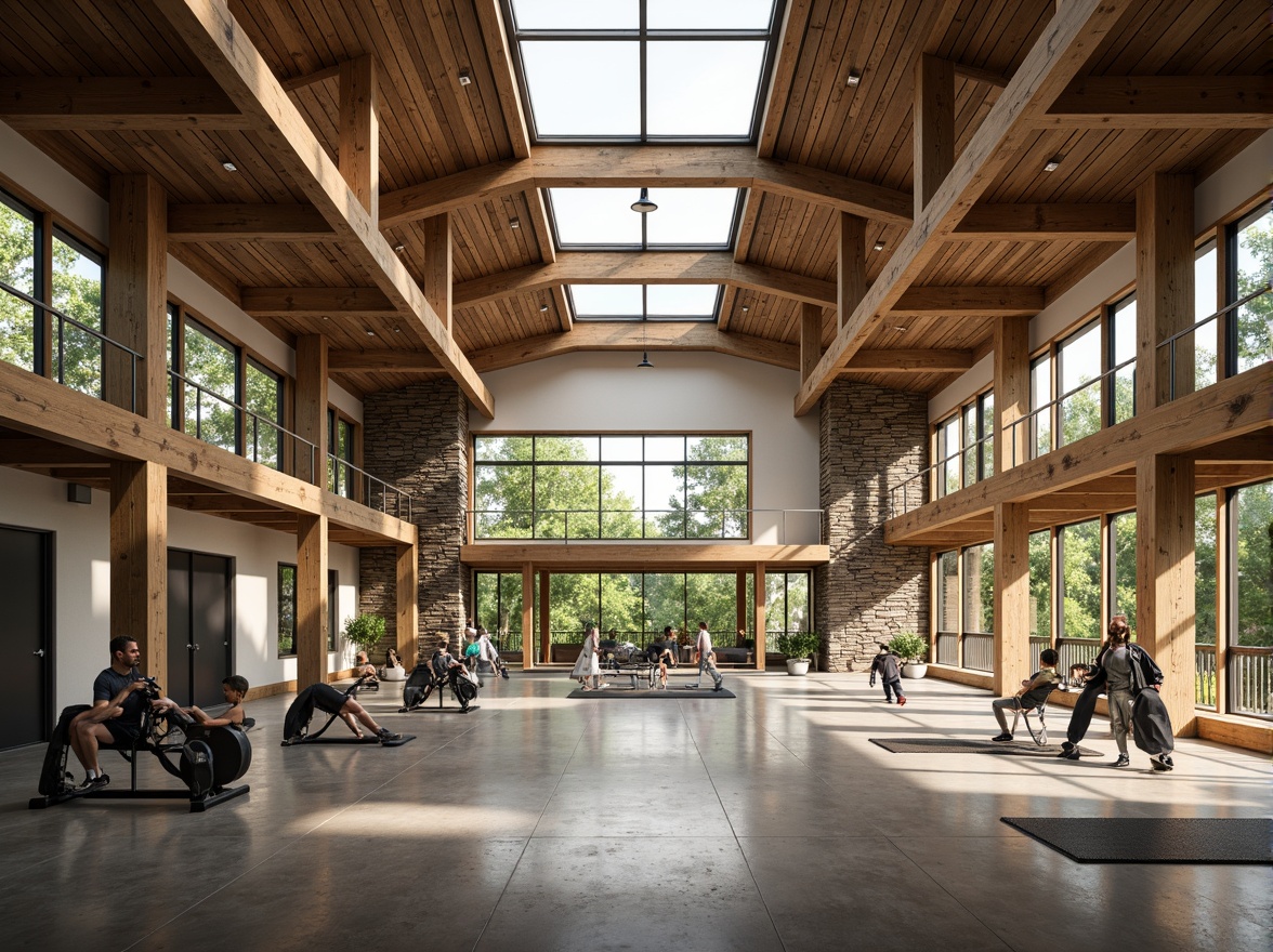 Prompt: Rustic gymnasium, regionalism style architecture, reclaimed wood accents, earthy tone color palette, natural stone walls, green roofs, solar panels, rainwater harvesting systems, eco-friendly materials, large skylights, clerestory windows, open spaces, minimalist design, exposed ductwork, polished concrete floors, modern fitness equipment, floor-to-ceiling windows, abundant natural light, soft warm lighting, shallow depth of field, 3/4 composition, panoramic view, realistic textures, ambient occlusion.