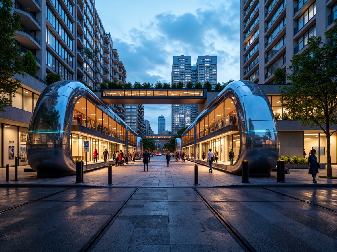 Prompt: Futuristic tram stations, curved blob-like structures, sleek metal exteriors, glowing LED lights, vibrant neon colors, urban cityscape, bustling streets, modern skyscrapers, concrete pedestrian walkways, green roofs, eco-friendly materials, innovative transportation hubs, elevated platforms, staircases, escalators, transparent glass walls, minimalist design, ambient occlusion, realistic textures, shallow depth of field, 3/4 composition, panoramic view.