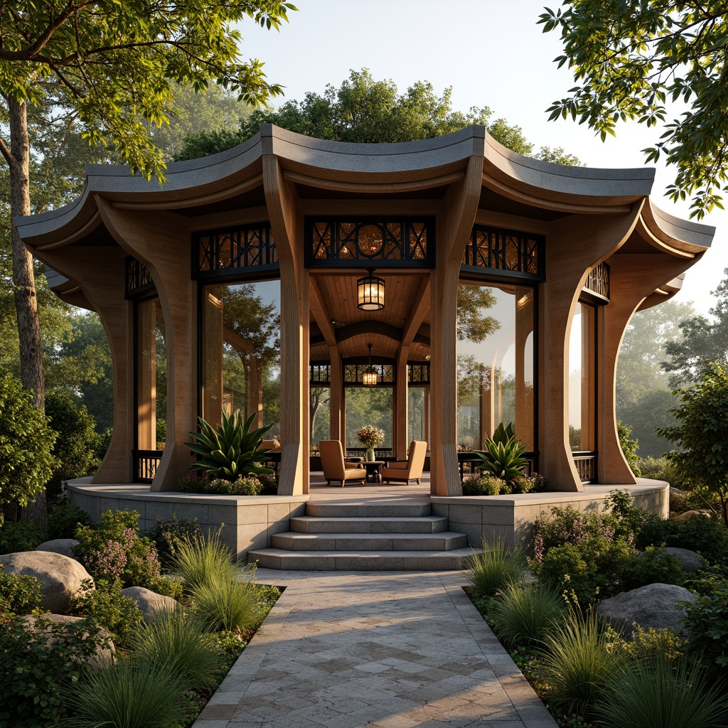 Prompt: Organic pavilion, undulating curves, ornate metalwork, stained glass windows, intricate wood carvings, natural stone fa\u00e7ade, living green walls, blooming flower arrangements, earthy color palette, warm golden lighting, shallow depth of field, 1/1 composition, symmetrical view, realistic textures, ambient occlusion, lush surrounding foliage, serene forest atmosphere, misty morning ambiance.