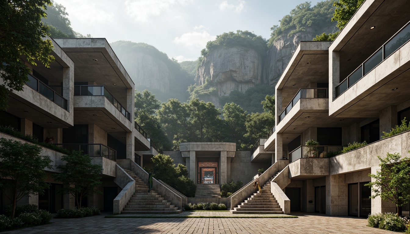 Prompt: Rugged amphitheater, brutalist architecture, exposed concrete structures, raw stone walls, monumental staircases, angular geometric shapes, bold cantilevered roofs, dramatic shadows, harsh natural light, weathered steel beams, distressed wood accents, industrial-style lighting fixtures, urban landscape, dense foliage, misty atmosphere, low-angle shot, cinematic composition, high-contrast lighting, gritty textures.