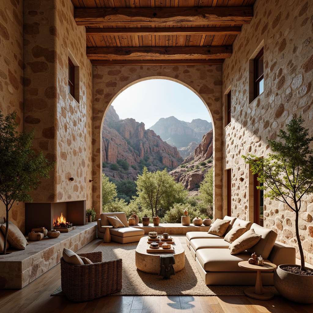 Prompt: Rustic canyon lodge, earthy tones, natural stone walls, wooden accents, woven textiles, desert-inspired patterns, cozy fireplaces, plush furnishings, organic shapes, curved lines, open floor plans, expansive windows, breathtaking views, warm ambient lighting, shallow depth of field, 3/4 composition, realistic textures, ambient occlusion.