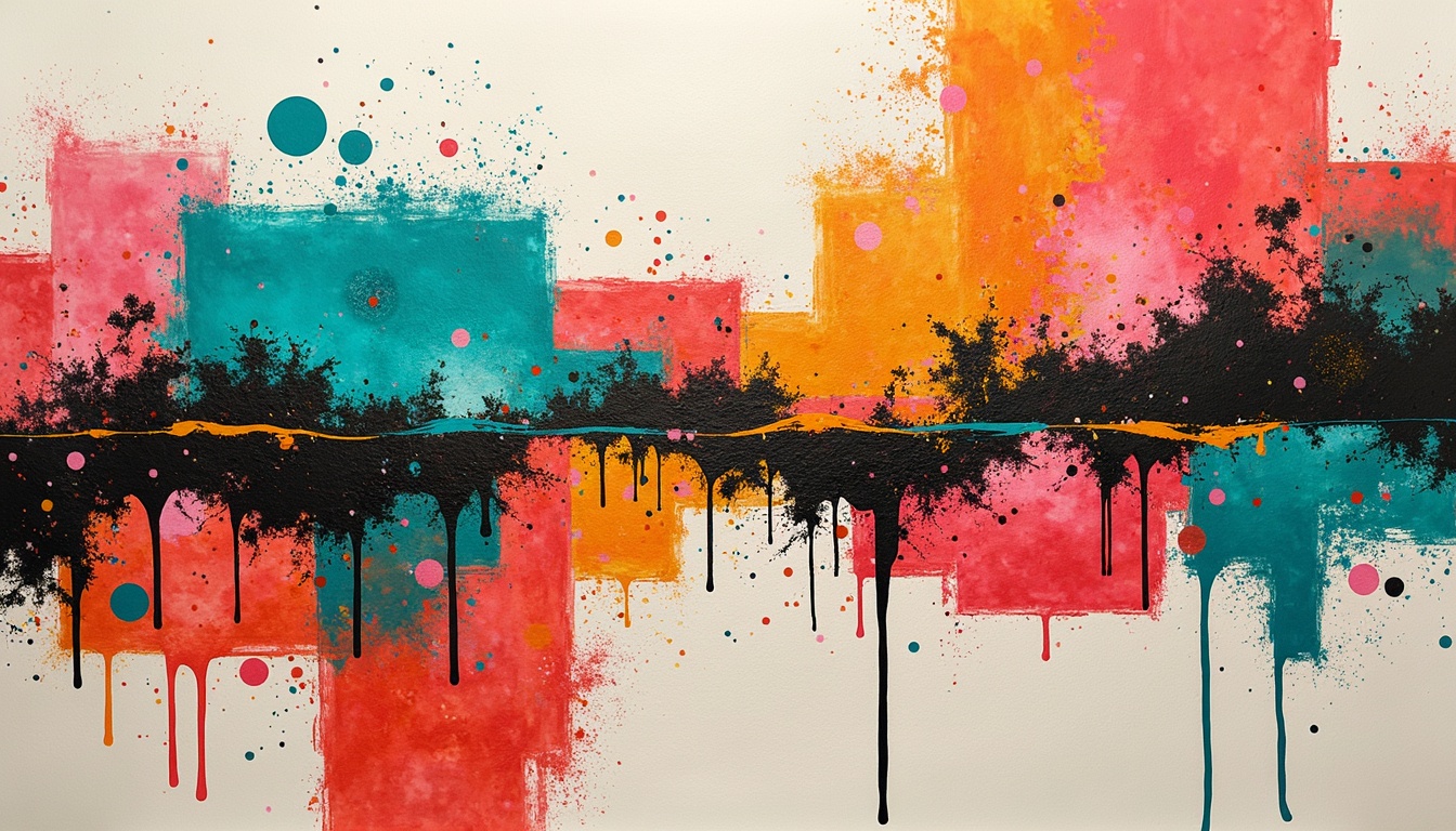 Prompt: Vibrant abstract art, bold brushstrokes, eclectic color combinations, bright coral hues, deep turquoise accents, creamy white backgrounds, textured canvas, expressive splatters, geometric patterns, modern artistic style, warm golden lighting, shallow depth of field, 1/1 composition, realistic textures, ambient occlusion.