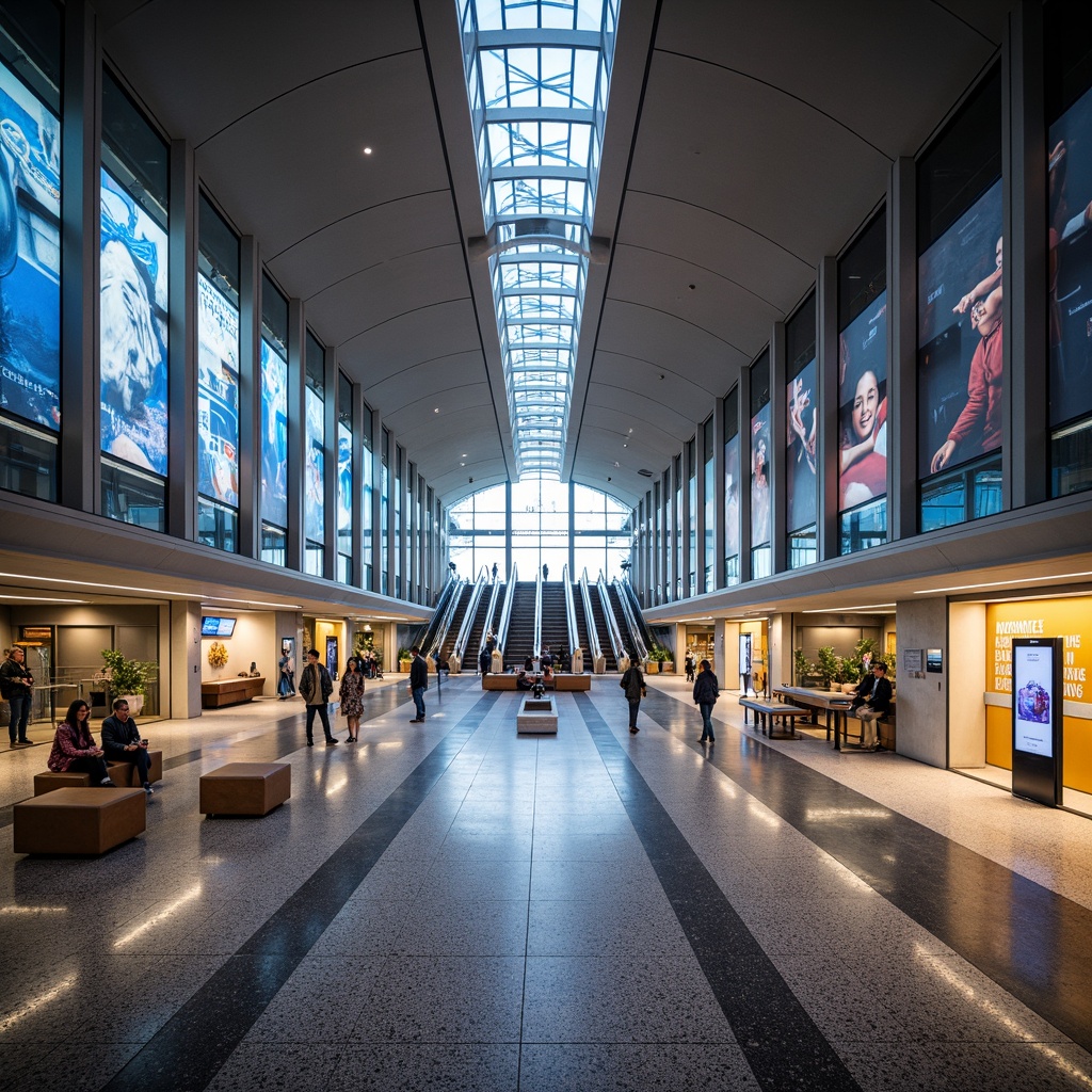 Prompt: Modern metro station interior, sleek glass walls, stainless steel pillars, polished granite floors, futuristic escalators, spacious platforms, bright LED lighting, vibrant color schemes, urban-inspired murals, dynamic digital displays, comfortable seating areas, ample natural light, high ceilings, airy atmosphere, efficient wayfinding systems, clear signage, convenient kiosks, automated ticketing machines, bustling commuter activity, morning rush hour, warm ambient glow, shallow depth of field, 1/1 composition, realistic textures.