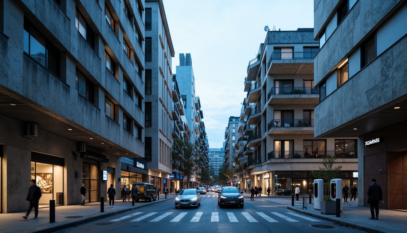 Prompt: Raw concrete structures, exposed ductwork, industrial pipes, functionalist design, urban cityscape, busy streets, electric vehicle charging points, sleek metal canopies, bold angular lines, brutalist architecture, fortress-like appearance, rugged textures, cold blue lighting, high contrast shadows, 1/1 composition, symmetrical framing, realistic ambient occlusion.