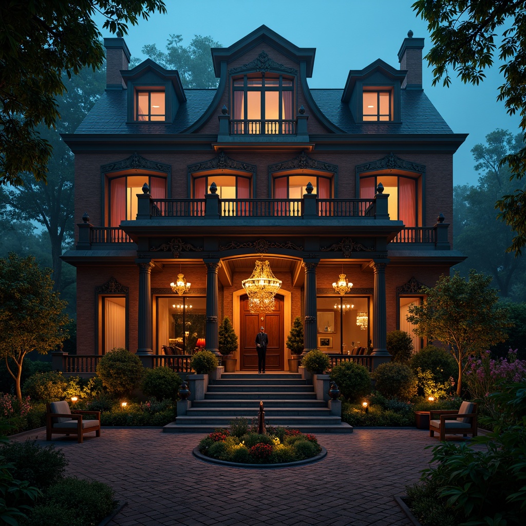 Prompt: Grandiose mansion, ornate facade, bold color contrast, rich jewel tones, luxurious velvet drapes, intricately carved wooden doors, opulent crystal chandeliers, lavish golden accents, soft warm candlelight, dramatic shadows, mysterious ambiance, dense foliage surroundings, misty atmosphere, cinematic composition, low-key lighting, high-contrast ratio, vivid textures, detailed ornaments, nostalgic mood, whimsical patterns, elegant furnishings.