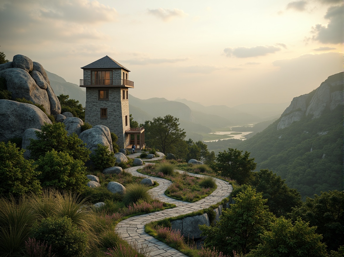 Prompt: Serene watching tower, harmonious landscape integration, lush greenery, winding stone paths, natural rock formations, rustic wooden accents, earthy tone color palette, panoramic views, elevated vantage points, bird's eye perspectives, atmospheric mist, soft warm lighting, shallow depth of field, 3/4 composition, symmetrical balance, organic textures, ambient occlusion, secluded seating areas, scenic lookout points.