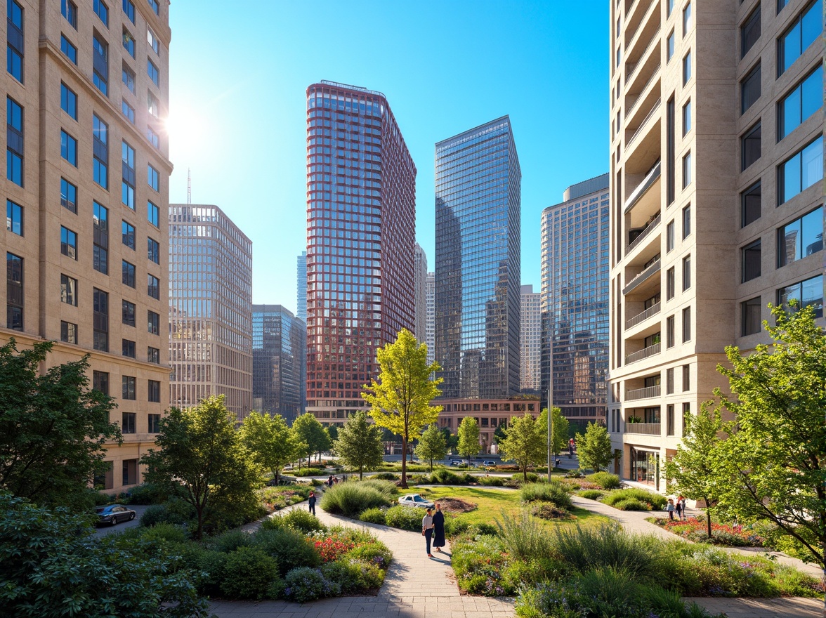 Prompt: Vibrant urban landscape, modern architectural design, sleek glass skyscrapers, bold color accents, contrasting neutral tones, warm beige stonework, cool gray steel frames, lush green roofs, sunny daytime lighting, shallow depth of field, 3/4 composition, panoramic city view, realistic textures, ambient occlusion.