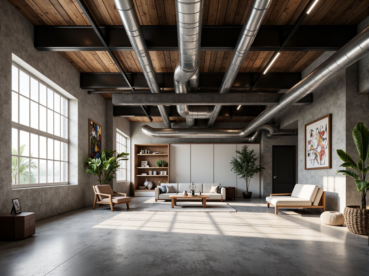 Prompt: Exposed ductwork, industrial chic aesthetic, reclaimed wood accents, metal beams, polished concrete floors, urban loft atmosphere, natural light pouring in, floor-to-ceiling windows, minimalist decor, functional simplicity, modern architectural design, high ceilings, open space layout, abstract art pieces, monochromatic color scheme, dramatic shadows, low-key lighting, 1/1 composition, realistic textures, ambient occlusion.