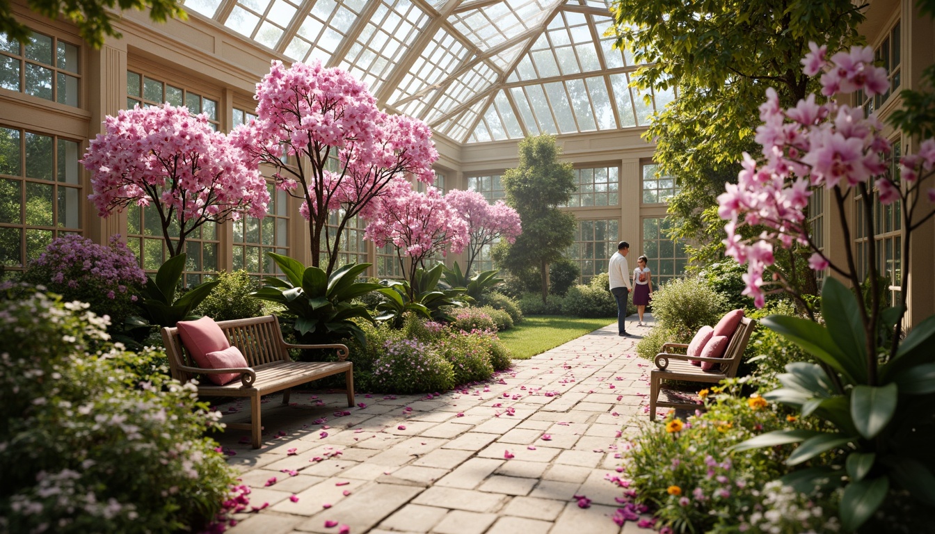 Prompt: Whimsical botanical garden, orchid-inspired hues, soft pastel pink, lavender mist, creamy whites, warm beige, delicate petals, lush greenery, natural stone pathways, ornate metal benches, elegant Victorian architecture, intricate glass conservatory, dappled sunlight, gentle warm lighting, shallow depth of field, 2/3 composition, intimate portrait view, realistic textures, ambient occlusion.