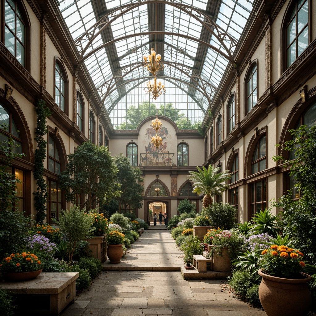 Prompt: Grandiose greenhouse, lavish Baroque ornamentation, intricately carved wooden frames, ornate metalwork, curved glass panels, lush greenery, exotic tropical plants, vibrant colorful blooms, soft natural lighting, warm misty atmosphere, rustic stone flooring, distressed wood accents, antique furniture pieces, elegant chandeliers, whimsical murals, frescoed ceilings, grand scale, symmetrical composition, shallow depth of field, 1/1 aspect ratio, high contrast, warm color palette.