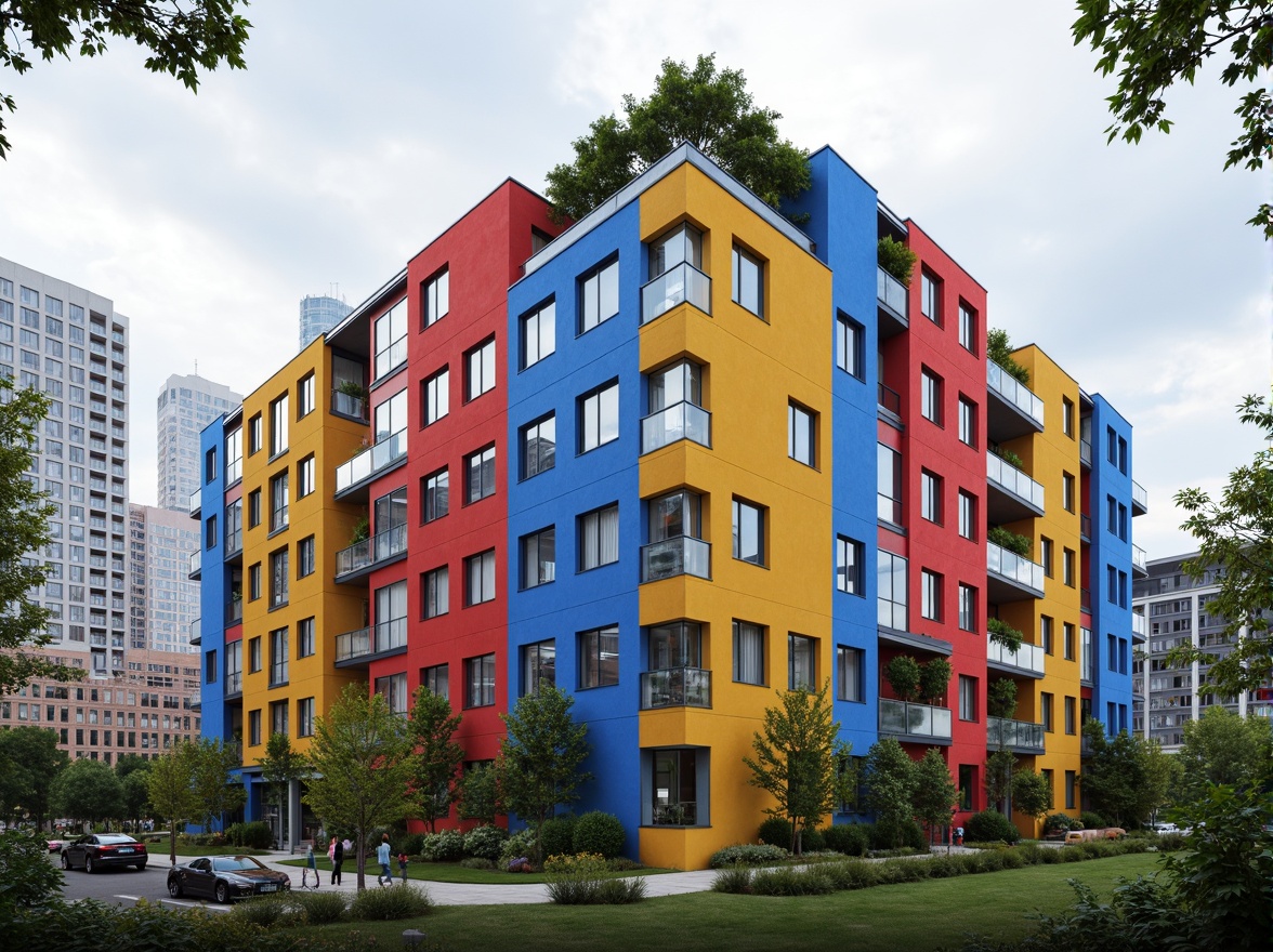 Prompt: Vibrant residential facade, bold color blocking, geometric patterned walls, cantilevered balconies, irregular window arrangements, experimental materials, futuristic architecture, avant-garde design, urban landscape, cityscape background, cloudy sky, soft natural lighting, shallow depth of field, 1/1 composition, realistic textures, ambient occlusion, modern residential buildings, innovative structural systems, sustainable energy harvesting, green roofs, eco-friendly materials, abstract artistic patterns.