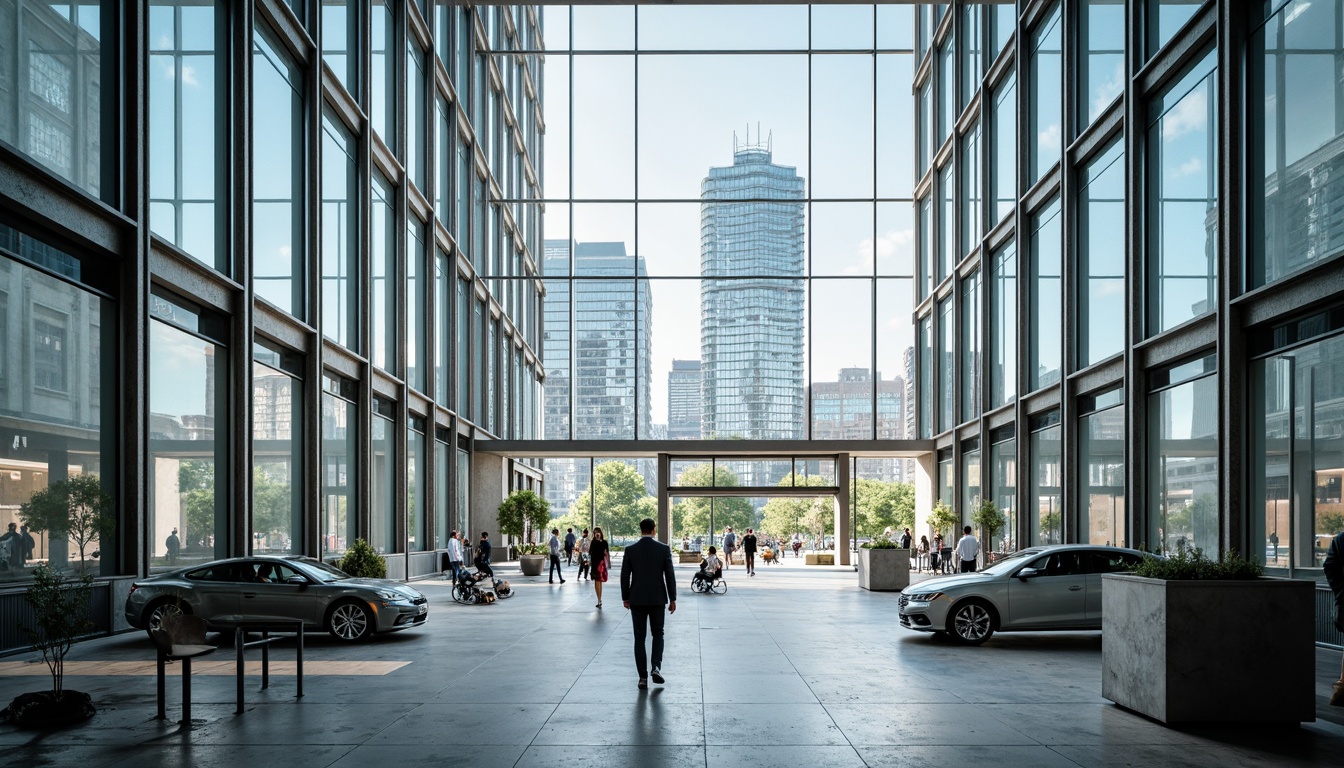 Prompt: Glass curtain walls, sleek metallic frames, minimalist ornamentation, rectangular forms, open floor plans, functional simplicity, industrial materials, urban cityscape, cosmopolitan atmosphere, modernist aesthetics, neutral color palette, subtle texture variations, abundant natural light, 1/1 composition, softbox lighting, shallow depth of field, realistic reflections, ambient occlusion.