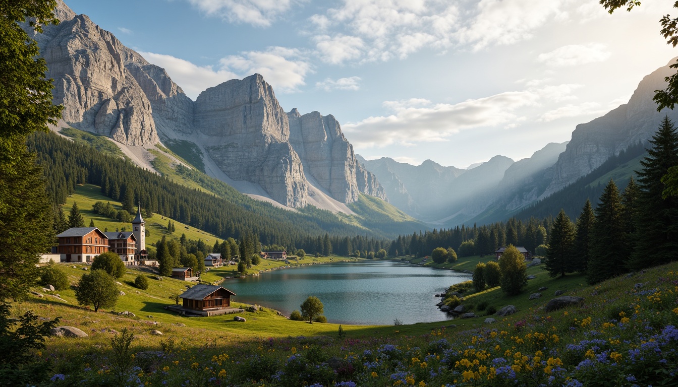 Prompt: Majestic mountain range, rugged rocky peaks, misty foggy valleys, serene alpine lakes, lush green forests, vibrant wildflowers, rustic wooden cabins, earthy terrain textures, weathered stone walls, warm golden sunlight, soft misty atmosphere, 3/4 composition, panoramic view, realistic rocky formations, ambient occlusion.