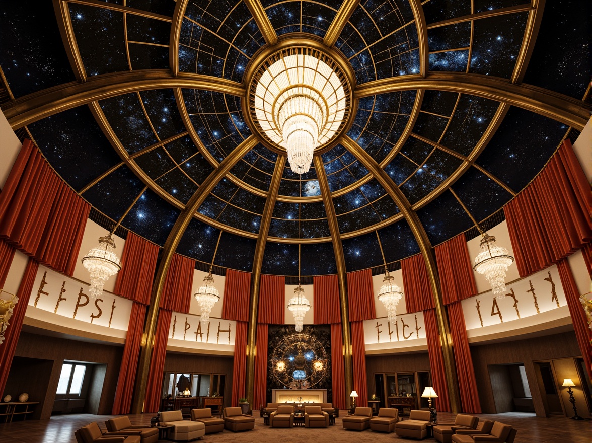 Prompt: Geometric planetarium dome, ornate metal framework, celestial body projections, starry night sky, intricate zodiac patterns, luxurious velvet curtains, polished bronze accents, shimmering crystal chandeliers, art deco inspired furniture, curved lines, geometric shapes, metallic materials, warm golden lighting, soft focus, atmospheric depth of field, 1/1 composition, cinematic view, detailed textures, ambient occlusion.