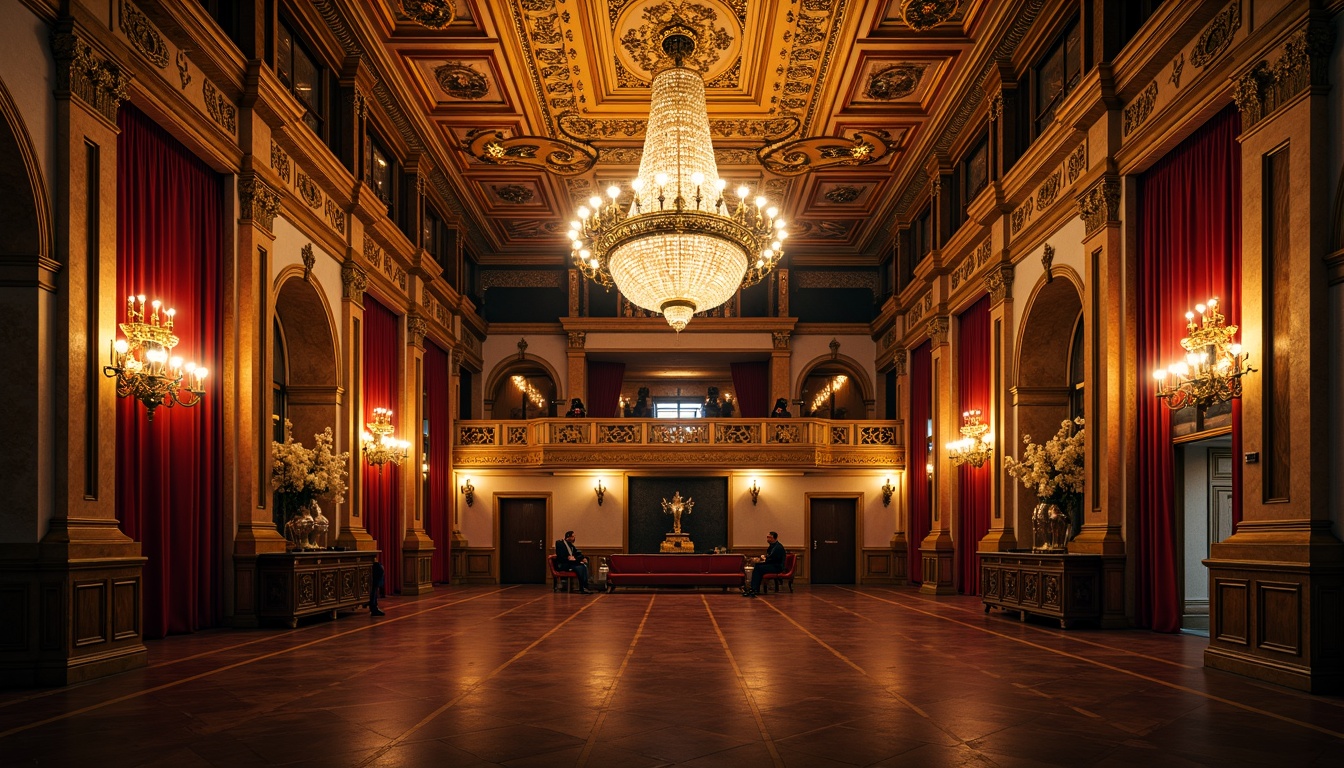 Prompt: Ornate Renaissance-style auditorium, grand chandelier, velvet curtains, golden trimmings, intricate moldings, ornamental ceiling frescoes, marble columns, wooden paneling, decorative archways, opulent furnishings, rich tapestries, dramatic spotlights, warm golden lighting, shallow depth of field, 1/1 composition, symmetrical framing, realistic textures, ambient occlusion.