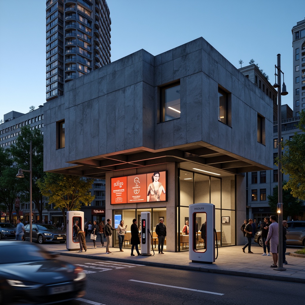 Prompt: Industrial charging station, brutalist facade design, raw concrete walls, exposed ductwork, metallic pipes, rugged stone foundation, angular lines, minimalist aesthetic, functional simplicity, neon signage, urban landscape, busy street scene, evening twilight atmosphere, warm glow lighting, shallow depth of field, 1/1 composition, symmetrical framing, realistic textures, ambient occlusion.Please let me know if this meets your requirements.