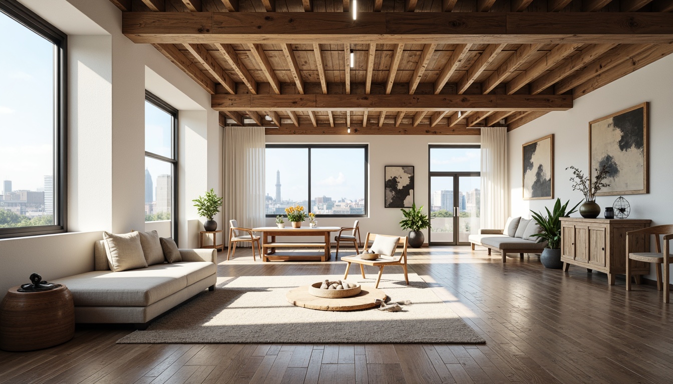 Prompt: Minimalist interior, spacious rooms, high ceilings, floor-to-ceiling windows, natural light, airy atmosphere, modern furniture, sleek lines, minimal ornamentation, open-plan living, flowing spaces, seamless transitions, rustic wooden floors, industrial metal beams, exposed brick walls, urban loft vibes, abstract artwork, soft warm lighting, shallow depth of field, 3/4 composition, panoramic view, realistic textures, ambient occlusion.