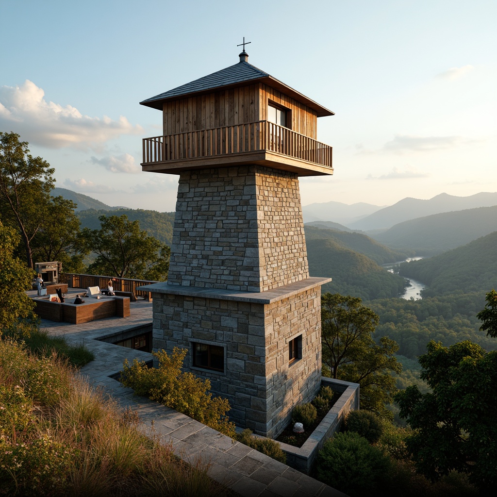 Prompt: Watching tower, rustic stone walls, wooden accents, observation decks, binoculars, telescopes, scenic overlooks, panoramic views, rolling hills, lush forests, meandering streams, misty mountains, soft morning light, warm golden hour, shallow depth of field, 1/2 composition, realistic textures, ambient occlusion, natural integration, blending architecture, harmonious coexistence.