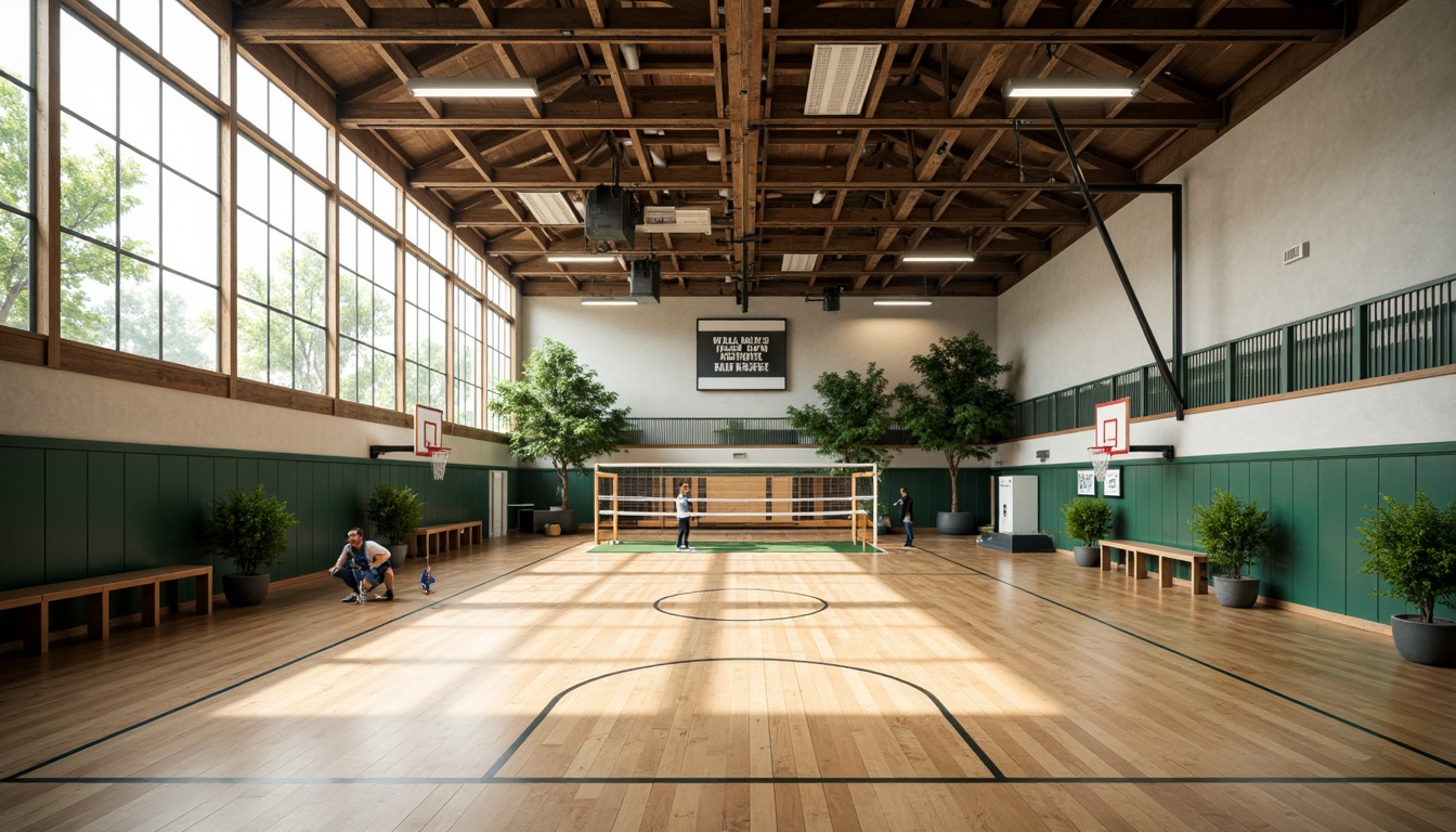 Prompt: Modern gymnasium, large windows, natural light pouring in, high ceilings, open spaces, wooden floors, athletic tracks, sports equipment, basketball hoops, volleyball nets, bleachers, inspirational quotes, motivational posters, green walls, living plants, soft warm lighting, shallow depth of field, 3/4 composition, panoramic view, realistic textures, ambient occlusion.