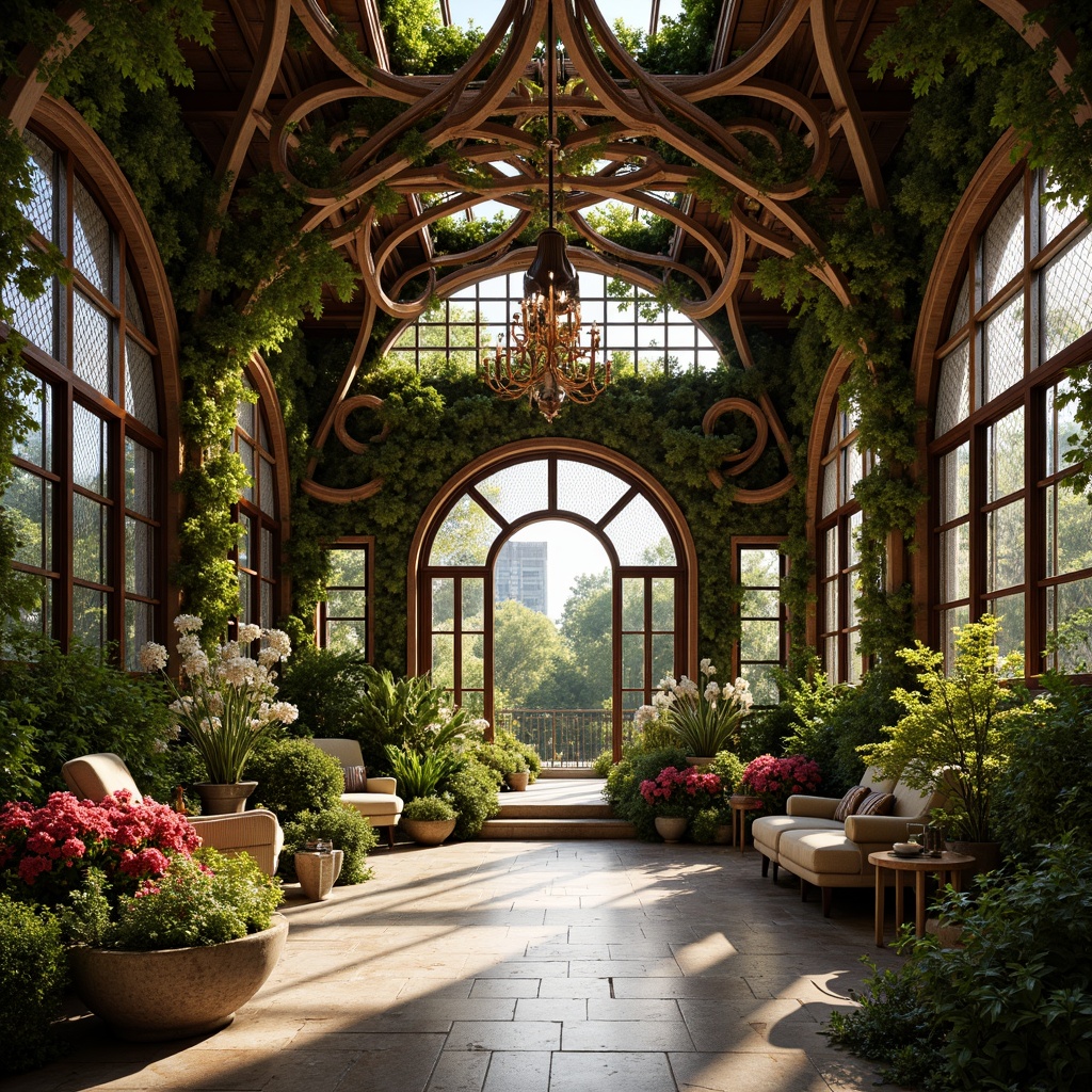 Prompt: Intricate organic forms, flowing curves, botanical inspirations, ornate metalwork, delicate filigree, sinuous lines, whimsical flourishes, natural materials, reclaimed wood, living green walls, lush vegetation, vibrant florals, soft warm lighting, shallow depth of field, 3/4 composition, panoramic view, realistic textures, ambient occlusion, Art Nouveau architecture, grand entrance, sweeping arches, ornate details, majestic proportions, elegant curves, sophisticated ambiance.