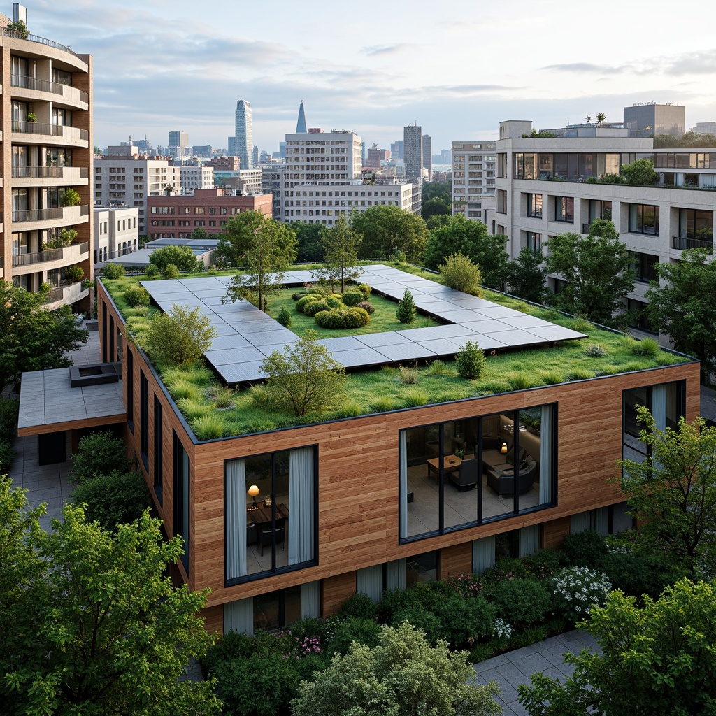 Prompt: Sustainable building, green roof, solar panels, rainwater harvesting system, natural ventilation, large windows, minimal carbon footprint, eco-friendly materials, recycled wood accents, living walls, lush greenery, urban garden, cityscape view, modern architecture, angular lines, minimalist design, ambient occlusion, shallow depth of field, 3/4 composition, panoramic view, realistic textures.