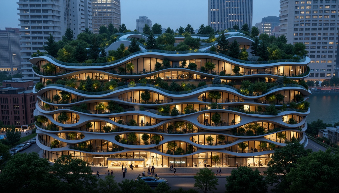 Prompt: Organic facade, undulating curves, biomimetic patterns, green walls, living roofs, vibrant flora, modular components, adaptive systems, recyclable materials, energy-harvesting skins, parametric design, futuristic aesthetic, sci-fi inspired forms, glowing accents, neon-lit nighttime, urban landscape, cityscape background, atmospheric perspective, 1/1 composition, high-contrast lighting, cinematic mood.