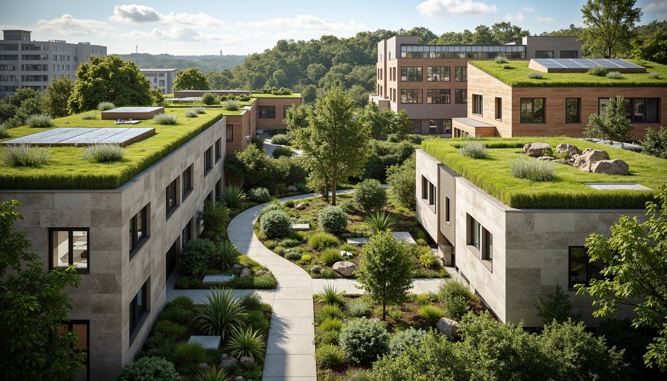 Prompt: Green roof, lush vegetation, solar panels, rainwater harvesting systems, natural ventilation, passive design strategies, energy-efficient buildings, recycled materials, low-carbon footprint, sustainable urban planning, eco-friendly infrastructure, organic forms, curvaceous lines, earthy tones, natural stone walls, reclaimed wood accents, abundant daylight, soft diffused lighting, shallow depth of field, 3/4 composition, panoramic view, realistic textures, ambient occlusion.