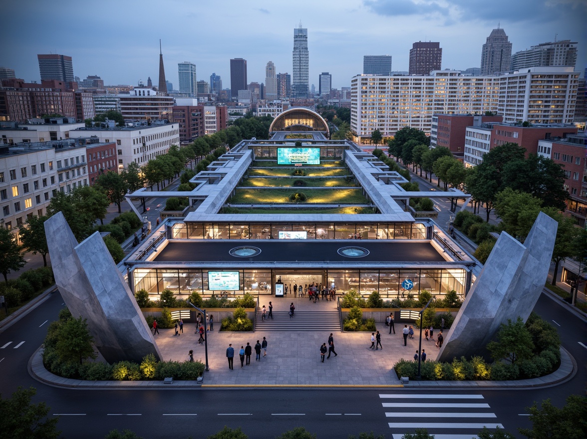 Prompt: Futuristic tram station, curved blob-like structures, metallic materials, neon lights, vibrant cityscape, bustling streets, urban integration, pedestrian-friendly design, green roofs, public art installations, dynamic LED displays, angular staircases, cantilevered platforms, glass canopies, natural ventilation systems, energy-efficient solutions, modern urban planning, mixed-use development, walkable neighborhoods, bike-share systems, smart traffic management, real-time passenger information, panoramic city views, shallow depth of field, 1/1 composition, realistic textures, ambient occlusion.