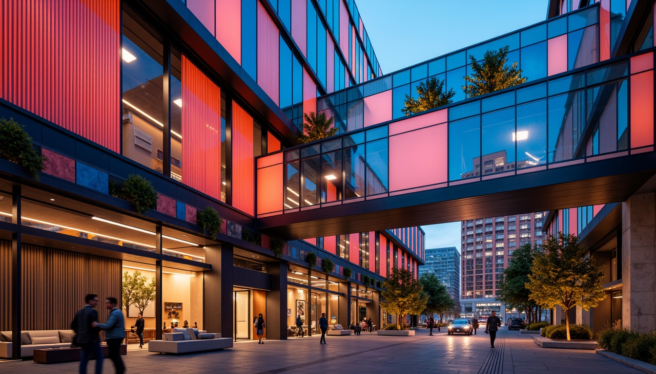 Prompt: Vibrant modern architecture, bold contrasting colors, sleek glass facades, metallic accents, warm natural wood tones, earthy stone textures, bright urban skylines, abstract geometric patterns, futuristic LED lighting, moody atmospheric shadows, 3/4 composition, cinematic wide-angle views, high-contrast realistic rendering.