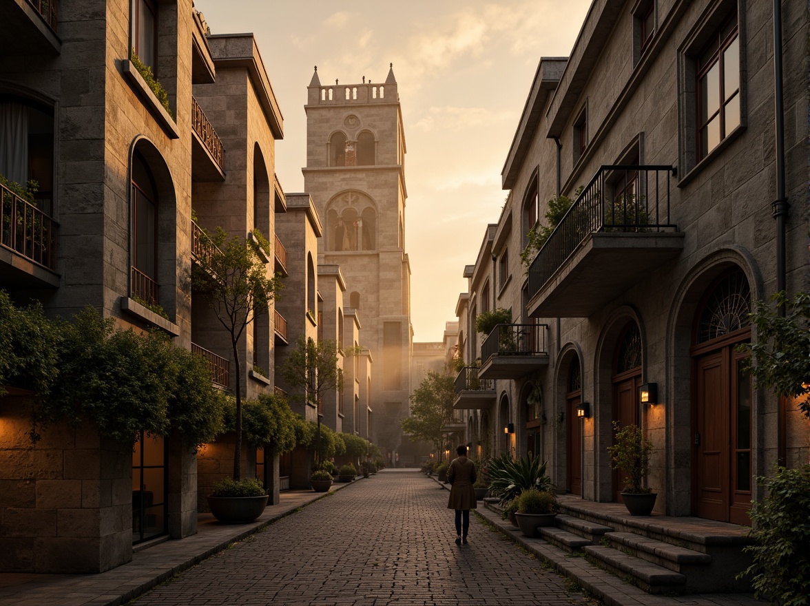 Prompt: Mystical towers, medieval architecture, worn stone walls, ivy-covered facades, ornate ironwork, grandiose entrance gates, winding staircases, Gothic arches, stained glass windows, misty atmosphere, dramatic sunsets, warm golden lighting, soft focus effect, atmospheric perspective, 1/2 composition, cinematic view, detailed textures, subtle color grading.