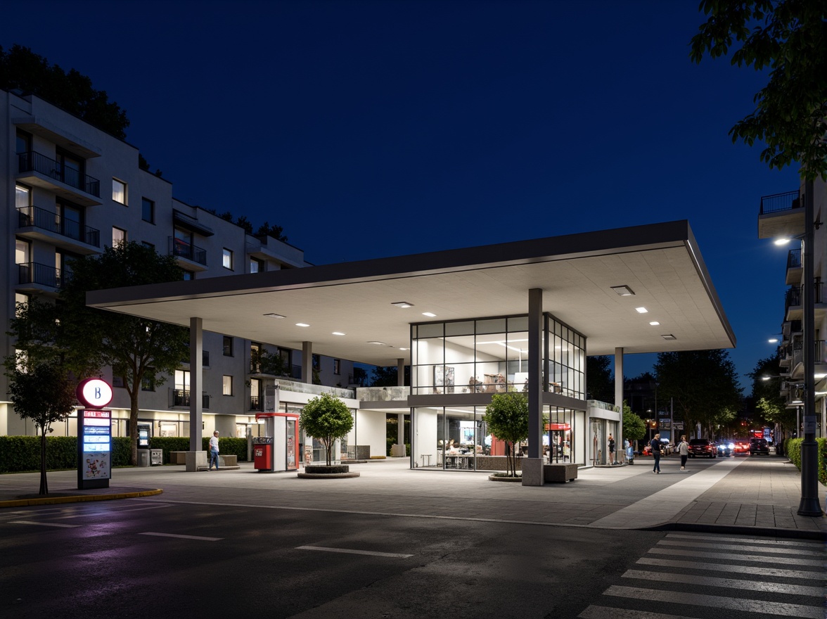 Prompt: Functional gas station, Bauhaus-inspired architecture, clean lines, minimal ornamentation, industrial materials, steel beams, concrete floors, large windows, transparent roofs, open spaces, urban landscape, cityscape views, busy streets, modern streetlights, night illumination, shallow depth of field, 1/2 composition, symmetrical framing, high-contrast lighting, realistic textures, ambient occlusion.