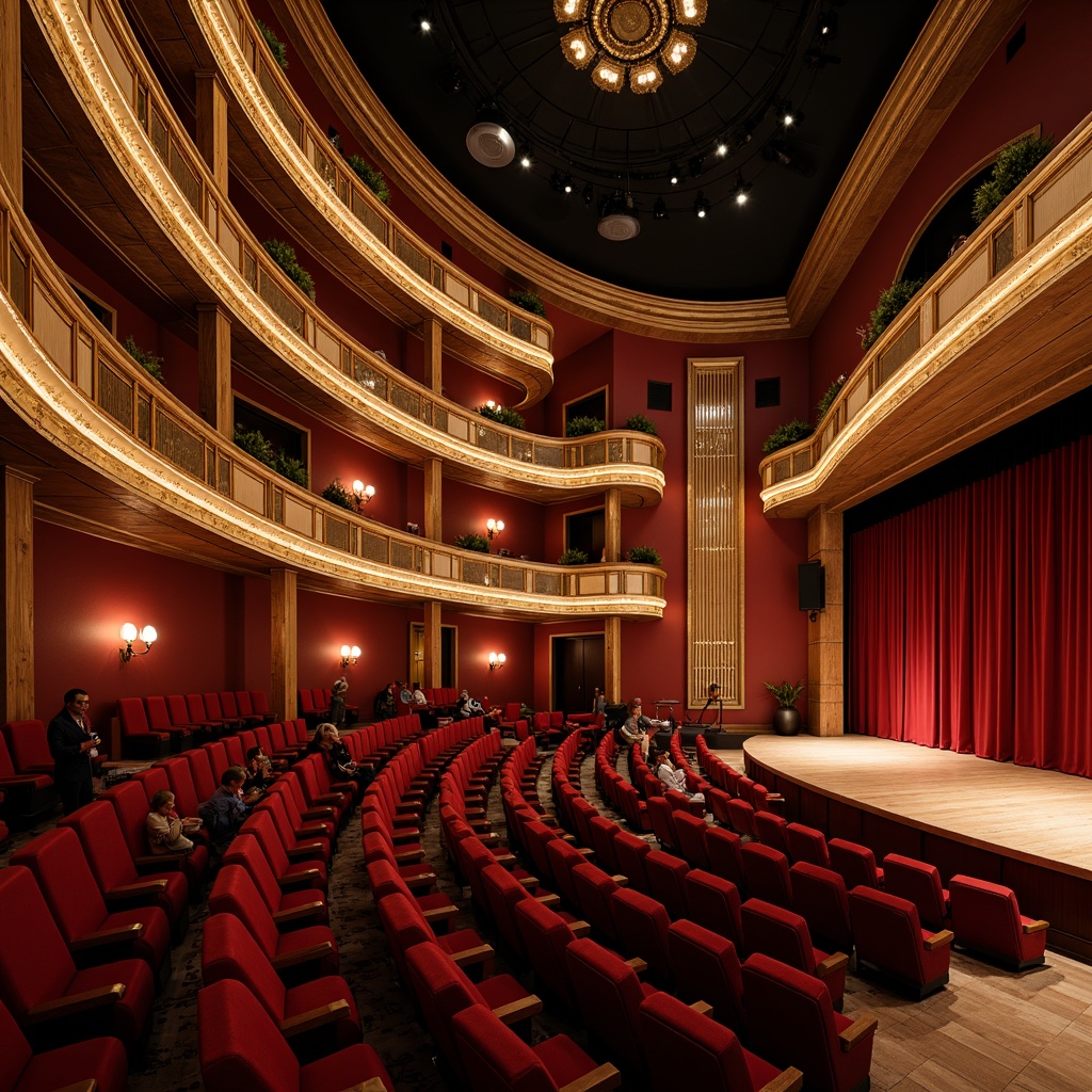 Prompt: Elegant theater interior, plush red velvet seats, ornate golden balconies, rich wood paneling, acoustic soundproofing materials, reverberation reduction systems, precision-crafted sound diffusers, strategically placed speakers, subtle ambient lighting, dramatic spotlights, grand stage curtains, polished wooden floors, comfortable audience seating, intimate atmosphere, soft warm glow, shallow depth of field, 2/3 composition, realistic textures, ambient occlusion.