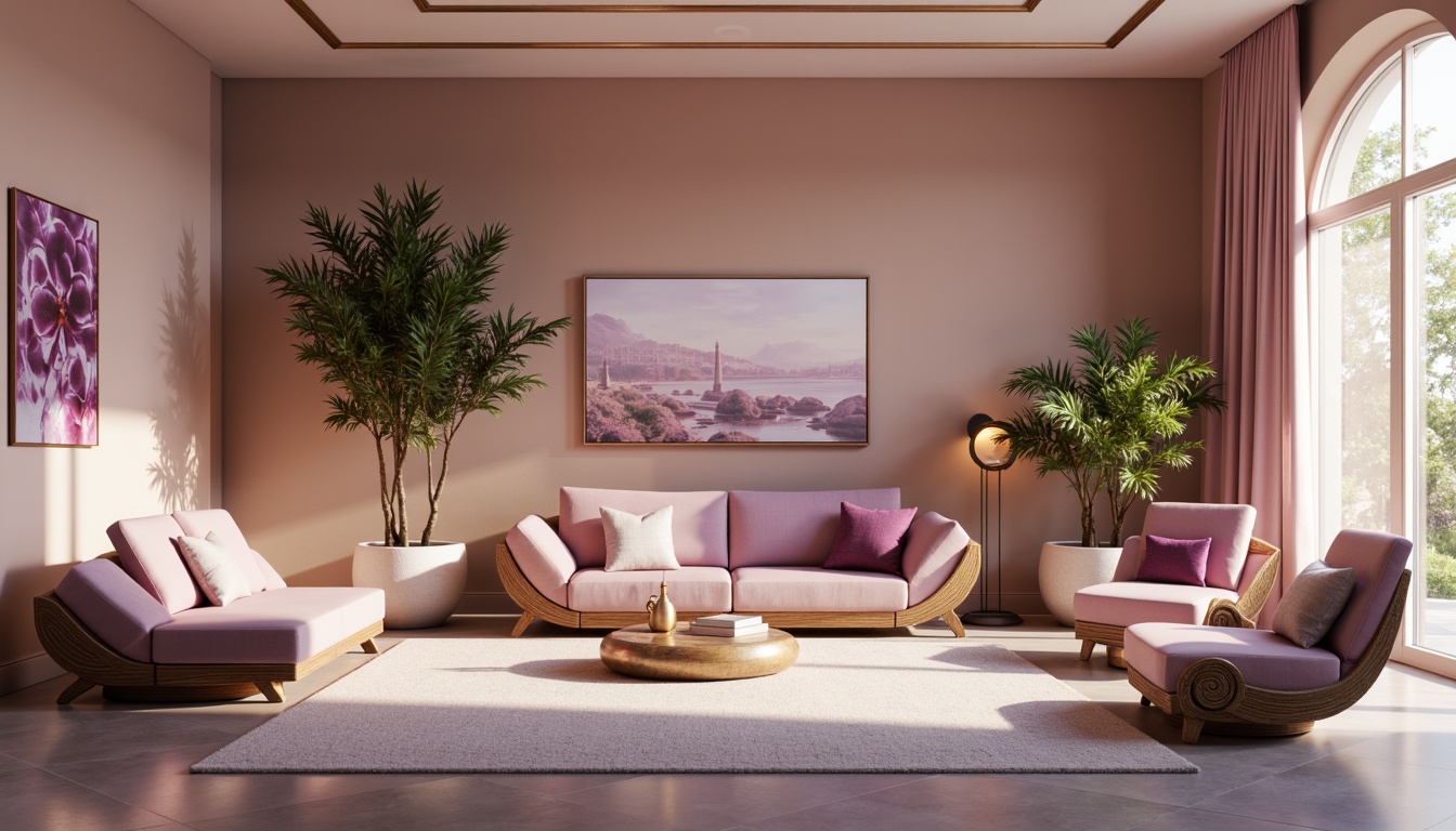 Prompt: Luxurious interior design, orchid tone color scheme, soft pastel hues, gentle cream accents, rich plum undertones, velvety smooth textures, ornate gold fixtures, sophisticated modern furniture, elegant curved lines, refined ambient lighting, warm beige background, subtle gradient effects, 1/1 composition, intimate atmosphere, realistic reflections, cinematic color grading.