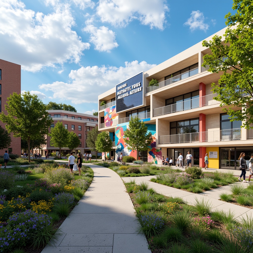 Prompt: Vibrant community center, urban park setting, walking trails, public art installations, interactive exhibits, educational signage, sustainable building materials, green roofs, solar panels, modern architecture, large windows, glass doors, natural ventilation systems, open floor plans, collaborative workspaces, colorful murals, dynamic lighting designs, shallow depth of field, 1/1 composition, panoramic view, realistic textures, ambient occlusion.