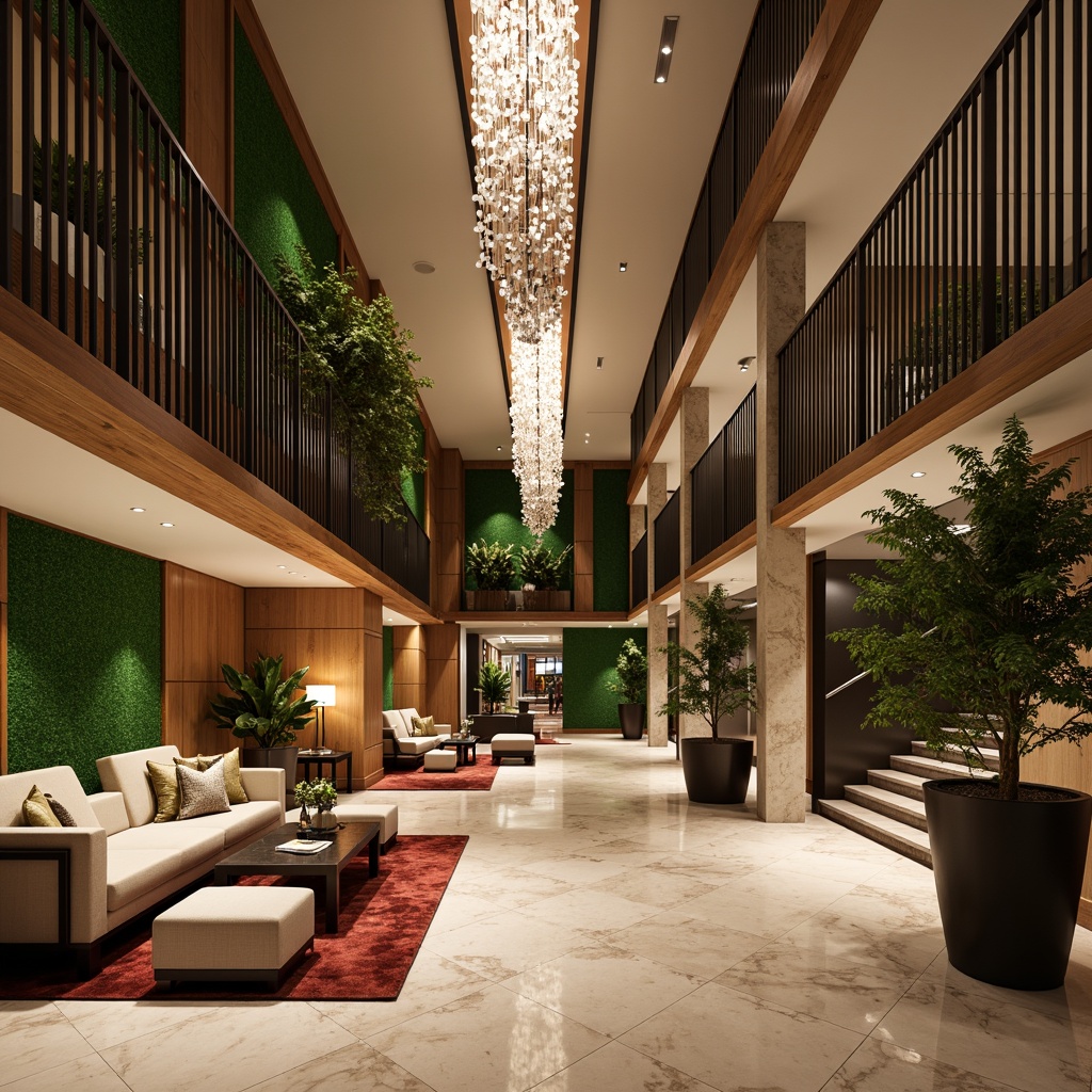 Prompt: Luxurious hotel lobby, marble floors, elegant chandeliers, plush carpets, wooden accents, modern minimalist furniture, sleek metal railings, lavish green walls, natural stone columns, grand staircases, warm ambient lighting, 1/1 composition, shallow depth of field, soft focus effect, realistic textures, subtle shading.