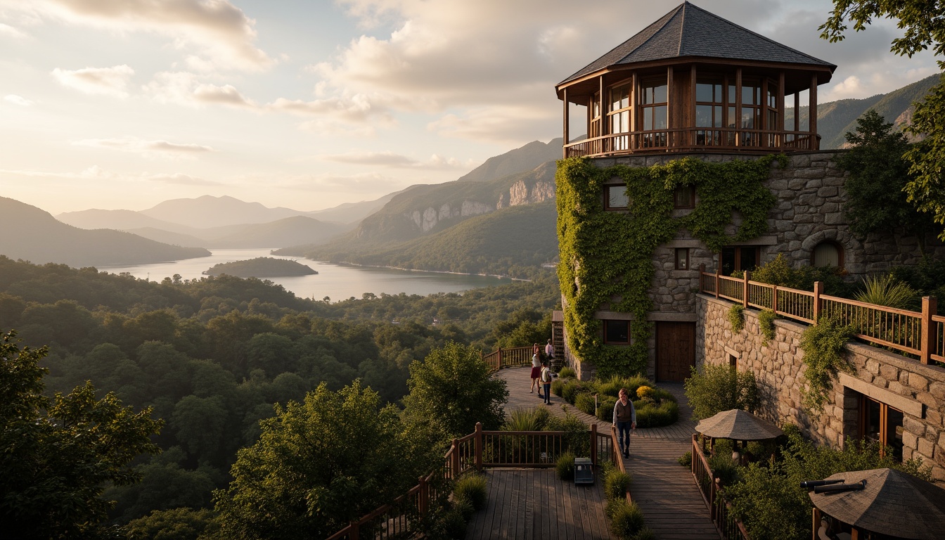 Prompt: Majestic watchtower, rustic stone walls, verdant ivy climbing, panoramic views, rolling hills, serene lakeside, misty mountains, ancient trees, wooden observation decks, telescopes, binoculars, nature-inspired architecture, earthy color palette, natural stone textures, ambient lighting, warm sunset glow, shallow depth of field, 1/2 composition, realistic foliage, subtle animations.