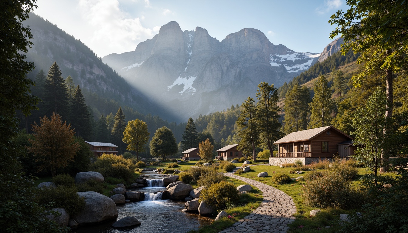 Prompt: Earthy mountain range, rugged terrain, misty fog, verdant forests, towering trees, rustic wooden cabins, winding stone paths, serene waterfalls, moss-covered rocks, weathered wood textures, natural stone walls, warm earth tones, soft blue skies, warm golden lighting, atmospheric perspective, 1/2 composition, subtle color gradations, realistic rock formations.